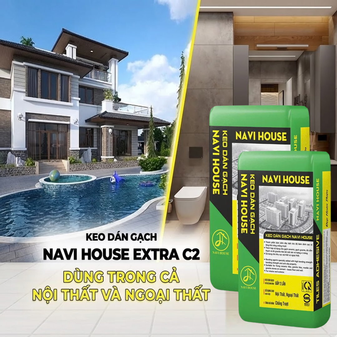 Keo dán gạch Navi House EXTRA C2 (Xám) | CTS-KDG-XTRAC2-01 60 Keo dán gạch Navi House EXTRA C2 màu xám 25kg dùng cho nội thất và ngoại thất