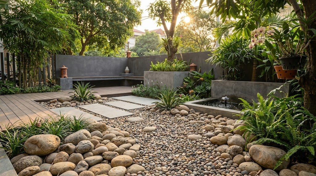 Sân vườn rải sỏi tự nhiên đẹp Sân vườn rải sỏi tự nhiên đẹp